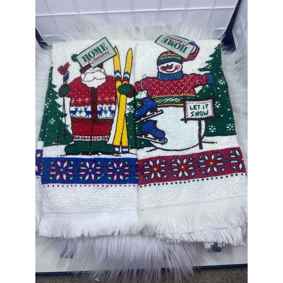 Vintage Christmas Santa Snowman Cotton Cecil Saydah Kitchen‎ Towels Set of 2 - Picture 1 of 4
